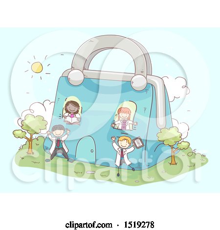 Clipart of a Sketched Group of Children Playing at a Doctor Bag House - Royalty Free Vector Illustration by BNP Design Studio