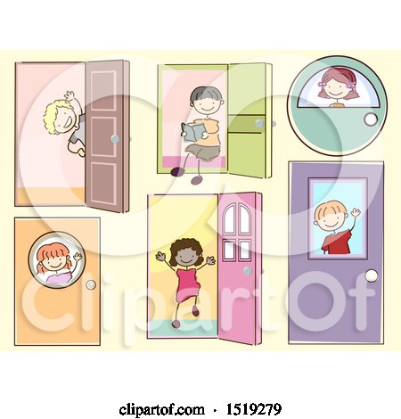 Clipart of a Sketched Group of Children with Doors - Royalty Free Vector Illustration by BNP Design Studio