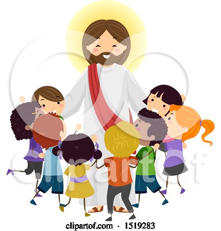Clipart of a Group of Children Embracing Jesus Christ - Royalty Free Vector Illustration by BNP Design Studio