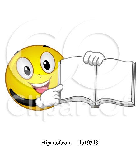 Clipart of a Yellow Smiley Emoji Pointing to an Open Book - Royalty Free Vector Illustration by BNP Design Studio