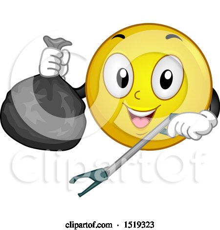 Clipart of a Yellow Smiley Emoji Using a Garbage Picker - Royalty Free Vector Illustration by BNP Design Studio