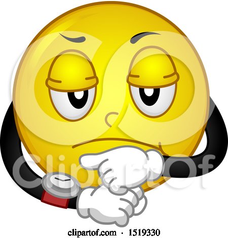 Clipart of a Yellow Smiley Emoji Looking Annoyed and Pointing to a Watch - Royalty Free Vector Illustration by BNP Design Studio