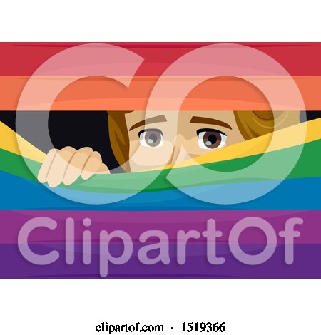 Clipart of a Scared Gay Man Peeking Behind Rainbow Blinds - Royalty Free Vector Illustration by BNP Design Studio