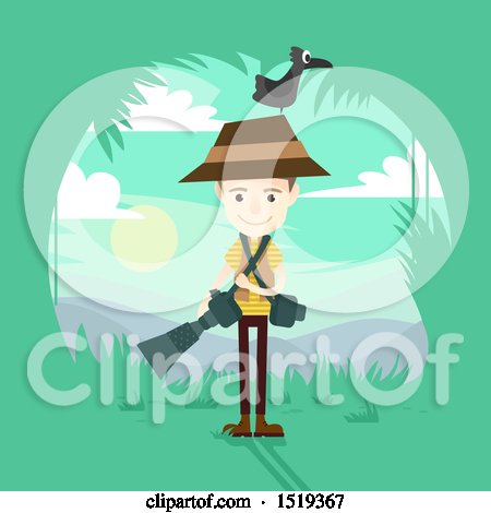 Clipart of a Wildlife Photographer with Equipment and a Bird on His Head - Royalty Free Vector Illustration by BNP Design Studio