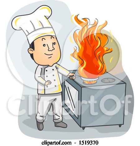 Clipart of a Chef Cooking with Fire in a Kitchen - Royalty Free Vector Illustration by BNP Design Studio