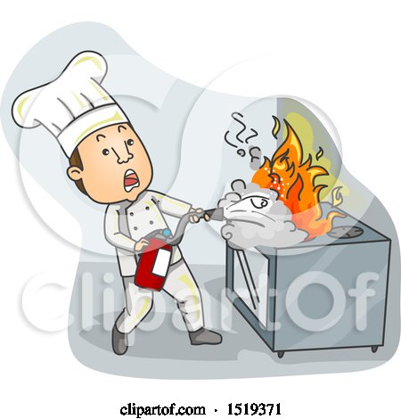 Clipart of a Chef Using a Fire Extinguisher on a Stove - Royalty Free Vector Illustration by BNP Design Studio