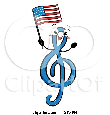 Clipart of a GClef Music Character Holding an American Flag - Royalty Free Vector Illustration by BNP Design Studio