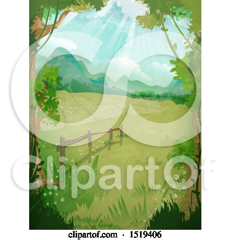 Clipart of a Rural Country Scene with a Fence and Sunshine - Royalty Free Vector Illustration by BNP Design Studio
