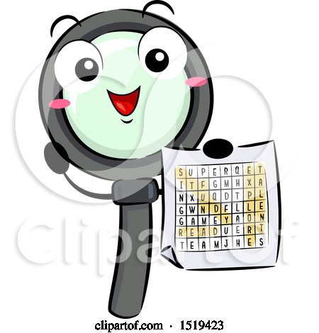 Clipart of a Magnifying Glass Character Holding a Word Search - Royalty Free Vector Illustration by BNP Design Studio