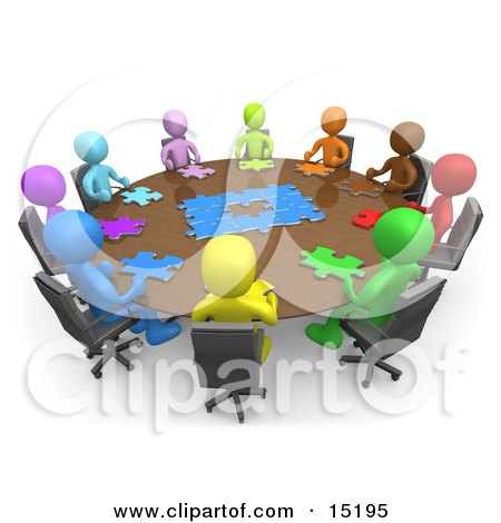 Group Of Colorful And Diverse People Holding A Meeting And Trying To Solve A Jigsaw Around A Large Rectangular Conference Table In An Office Clipart Illustration Image by 3poD