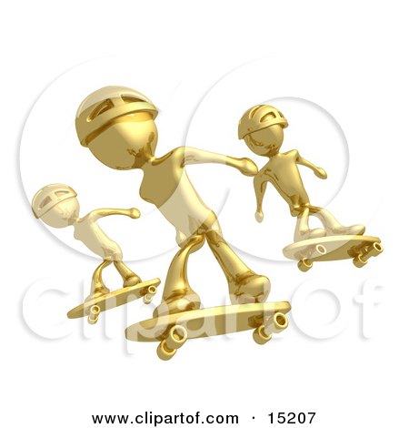 Three Gold Skateboarders In Helmets Catching Air All At The Same Time Clipart Illustration Image by 3poD