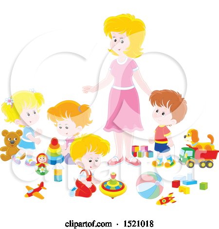 Clipart of a Caucasian Mother or Daycare Provider Supervising Playing Children - Royalty Free Vector Illustration by Alex Bannykh