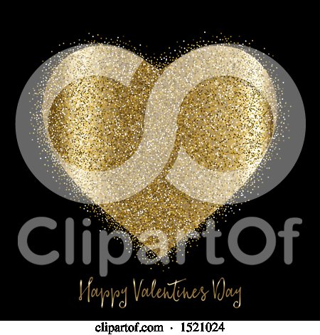 Clipart of a Happy Valentines Day Greeting and Gold Glitter Heart on Black - Royalty Free Vector Illustration by KJ Pargeter