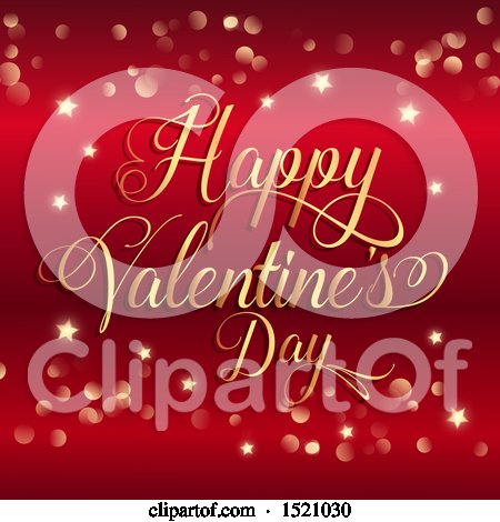 Clipart of a Happy Valentines Day Greeting in Gold over Red with Stars and Flares - Royalty Free Vector Illustration by KJ Pargeter