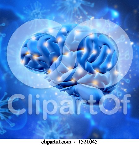 Clipart of a 3d Highlighted Brain over Blue Viruses - Royalty Free Illustration by KJ Pargeter
