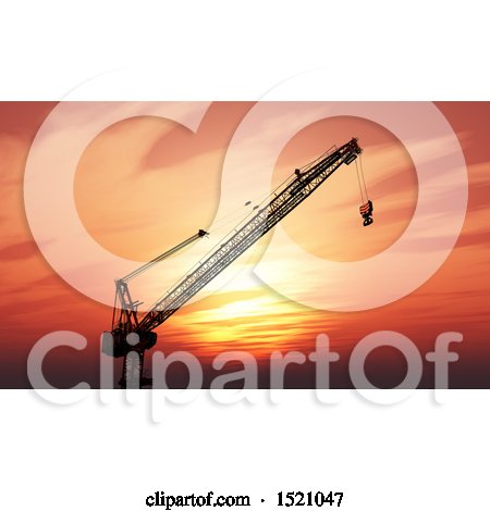 Clipart of a 3d Silhouetted Construction Crane Against a Sunset Sky - Royalty Free Illustration by KJ Pargeter