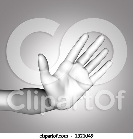 Clipart of a 3d Human Hand Gesturing Stop, in Grayscale - Royalty Free Illustration by KJ Pargeter
