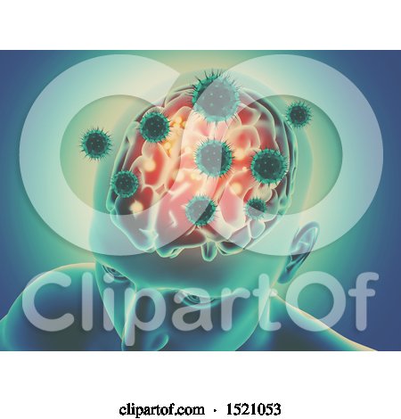 Clipart of a 3d Head with Visible Brain and Viruses - Royalty Free Illustration by KJ Pargeter