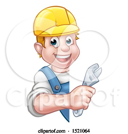 Clipart of a Cartoon Happy White Male Plumber Wearing a Hard Hat and Holding an Adjustable Wrench Around a Sign - Royalty Free Vector Illustration by AtStockIllustration