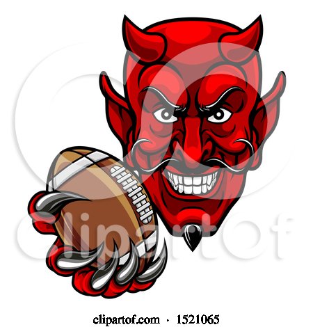 Clipart of a Grinning Evil Red Devil Holding out a Football in a Clawed Hand - Royalty Free Vector Illustration by AtStockIllustration