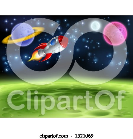 Clipart of a Background of a Rocket and Planets - Royalty Free Vector Illustration by AtStockIllustration