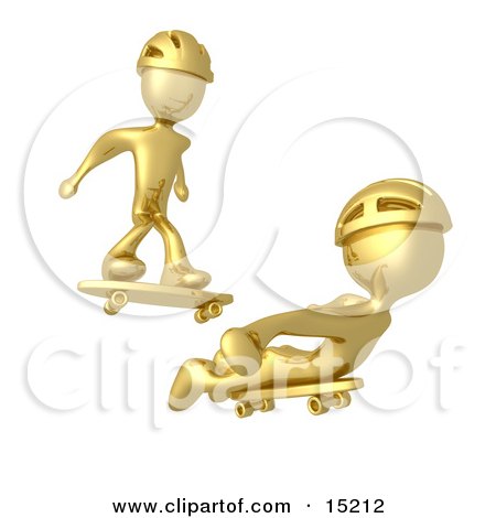Two Gold Figures Skateboarding And Wearing Helmets Clipart Illustration Image by 3poD