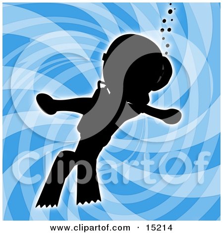 Silhouetted Person Swimming Underwater While Scuba Diving, Wearing Goggles, Flippers And An Oxygen Tank Over a Blue Background Clipart Illustration Image by 3poD