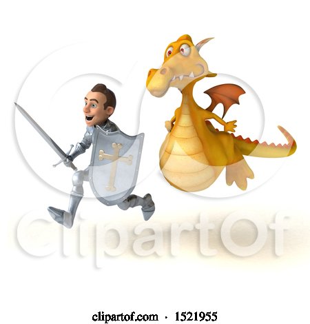 Clipart of a 3d Yellow Dragon Chasing a Knight, on a White Background - Royalty Free Illustration by Julos