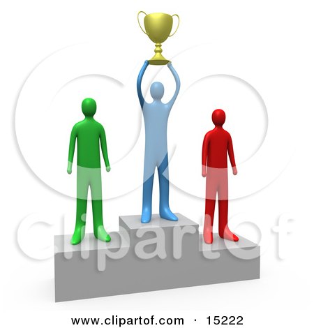 Successful Athlete Holding A Golden Trophy Cup Up Above His Head And Standing On The First Place Spot On A Podium While The Two Runners Up Stand On Both Sides Clipart Illustration Image by 3poD