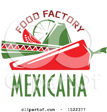 Clipart of a Mexican Sombrero Hat with Text, a Chile Pepper, Lime and Tomato Wedge - Royalty Free Vector Illustration by Vector Tradition SM