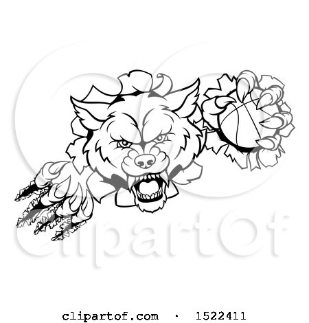 Clipart of a Black and White Ferocious Wolf Slashing Through a Wall with a Basketball - Royalty Free Vector Illustration by AtStockIllustration