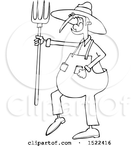 Clipart of a Cartoon Black and White Angry Yelling Male Farmer Holding a Pitchfork - Royalty Free Vector Illustration by djart