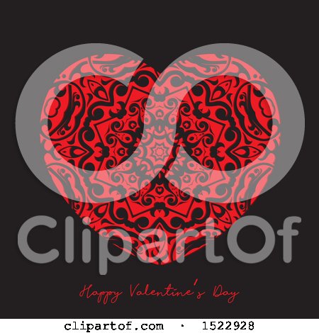 Clipart of a Happy Valentines Day Greeting and Red Patterned Heart on Black - Royalty Free Vector Illustration by KJ Pargeter