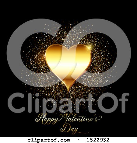 Clipart of a Happy Valentines Day Greeting with a Gold Heart and Glitter on Black - Royalty Free Vector Illustration by KJ Pargeter