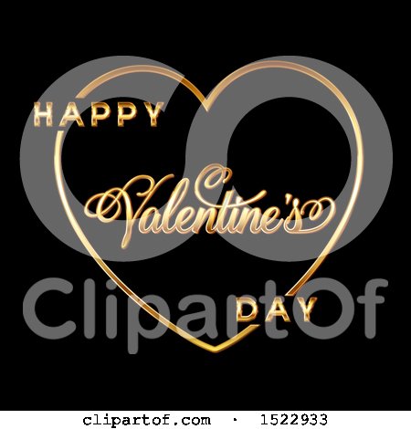 Clipart of a Happy Valentines Day Greeting in a Gold Heart on Black - Royalty Free Vector Illustration by KJ Pargeter