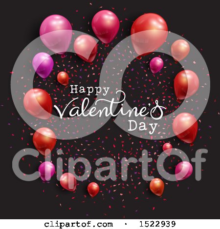 Clipart of a Happy Valentines Day Greeting with Confetti and Balloons on Black - Royalty Free Vector Illustration by KJ Pargeter