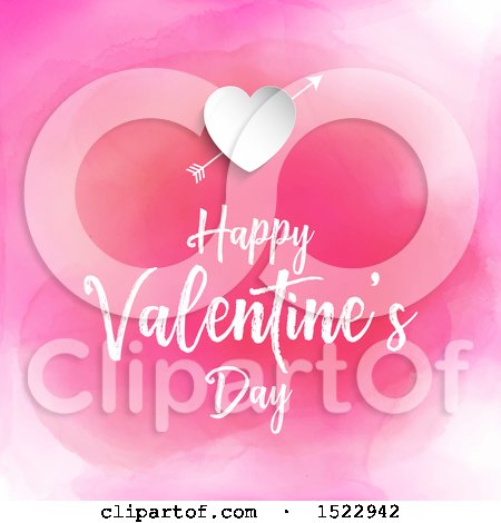Clipart of a Happy Valentines Day Greeting Under a Heart with Cupids Arrow over Pink Watercolor - Royalty Free Vector Illustration by KJ Pargeter