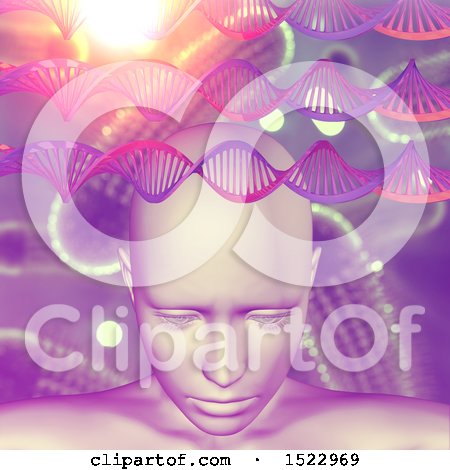 Clipart of a 3d Female Head with Dna Strands and Virus Cells - Royalty Free Illustration by KJ Pargeter