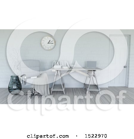 Clipart of a 3d Modern White Interior with a Desk - Royalty Free Illustration by KJ Pargeter