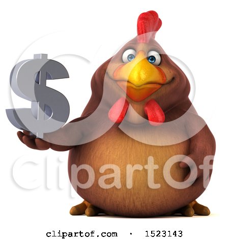 Clipart of a 3d Chubby Brown Chicken Holding a Dollar Sign, on a White Background - Royalty Free Illustration by Julos