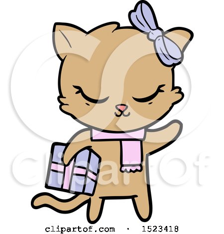 Cute Cartoon Cat with Present by lineartestpilot