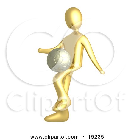 Gold Soccer Player Person Kicking A Dribbling A Soccer Ball On His Upper Leg  Posters, Art Prints