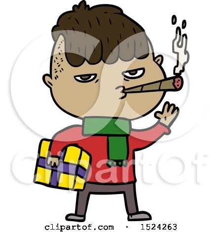 Cartoon Man Smoking Carrying Christmas Gift by lineartestpilot