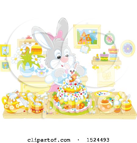 Clipart of a Female Rabbit Making an Easter Cake - Royalty Free Vector Illustration by Alex Bannykh