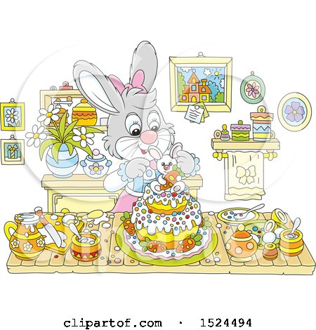 Clipart of a Bunny Rabbit Making an Easter Cake - Royalty Free Vector Illustration by Alex Bannykh