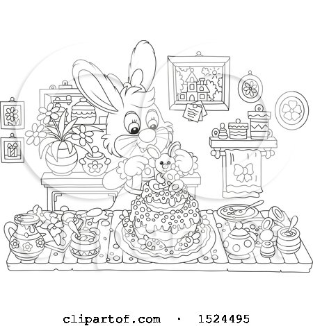 Clipart of a Black and White Bunny Rabbit Making an Easter Cake - Royalty Free Vector Illustration by Alex Bannykh