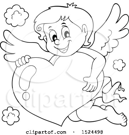 Clipart of a Black and White Valentines Day Cupid Hugging a Heart - Royalty Free Vector Illustration by visekart