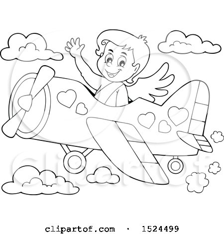 Clipart of a Black and White Valentines Day Cupid Flying a Plane - Royalty Free Vector Illustration by visekart