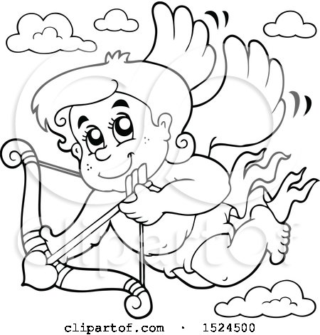 Clipart of a Black and White Valentines Day Cupid Aiming an Arrow - Royalty Free Vector Illustration by visekart