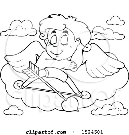 Clipart of a Black and White Valentines Day Cupid Sleeping on a Cloud - Royalty Free Vector Illustration by visekart